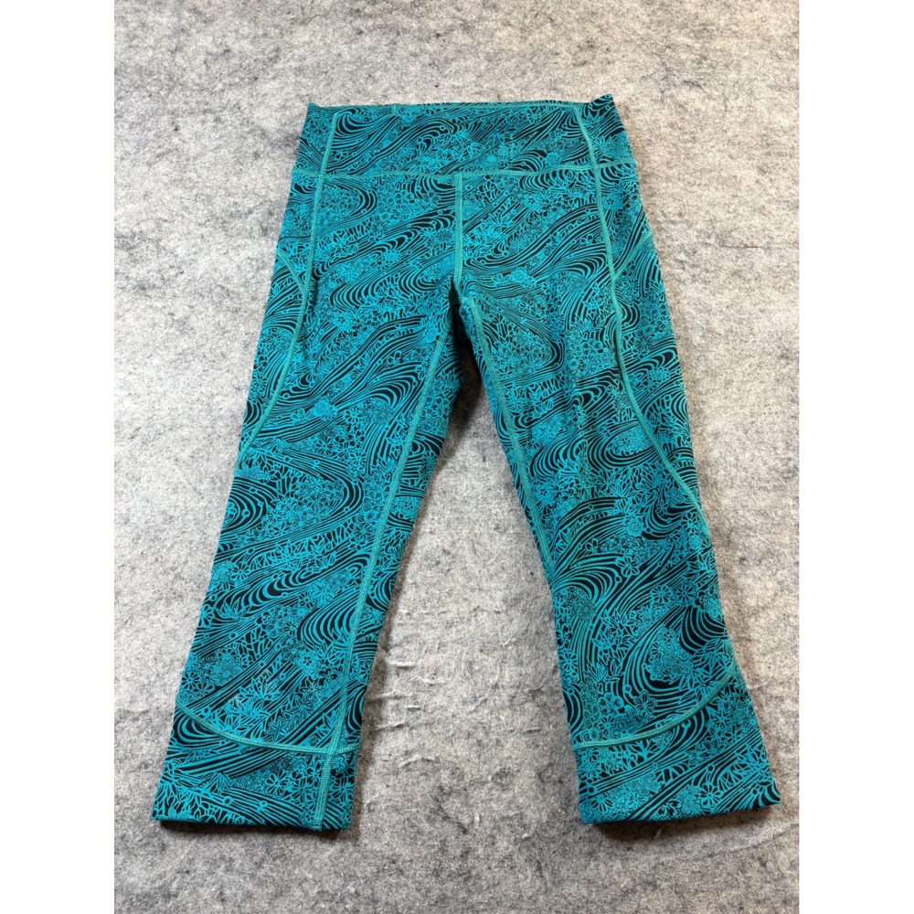 Lululemon High Rise Crop Leggings Teal Black Floral Wave Print Size 8